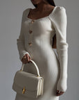 Elegant Cream Ribbed Knit Midi Dress