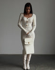 Elegant Cream Ribbed Knit Midi Dress