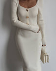 Elegant Cream Ribbed Knit Midi Dress