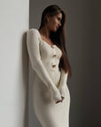 Elegant Cream Ribbed Knit Midi Dress