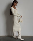 Elegant Cream Ribbed Knit Midi Dress