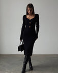 Elegant Black Ribbed Knit Midi Dress