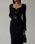 Elegant Black Ribbed Knit Midi Dress