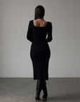 Elegant Black Ribbed Knit Midi Dress