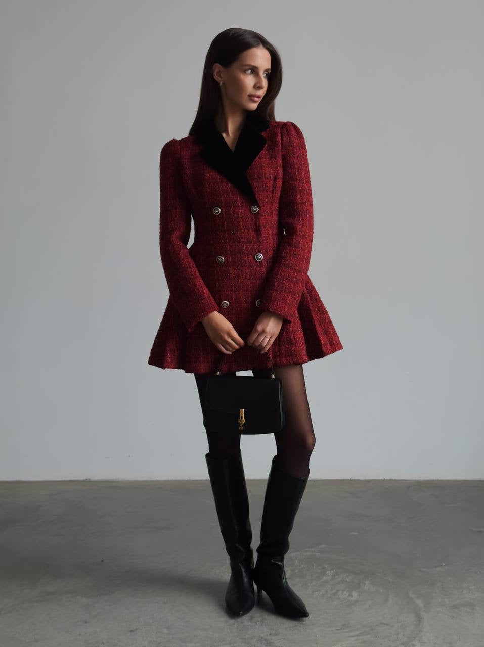 Vintage-Inspired Burgundy Tweed Coat Dress