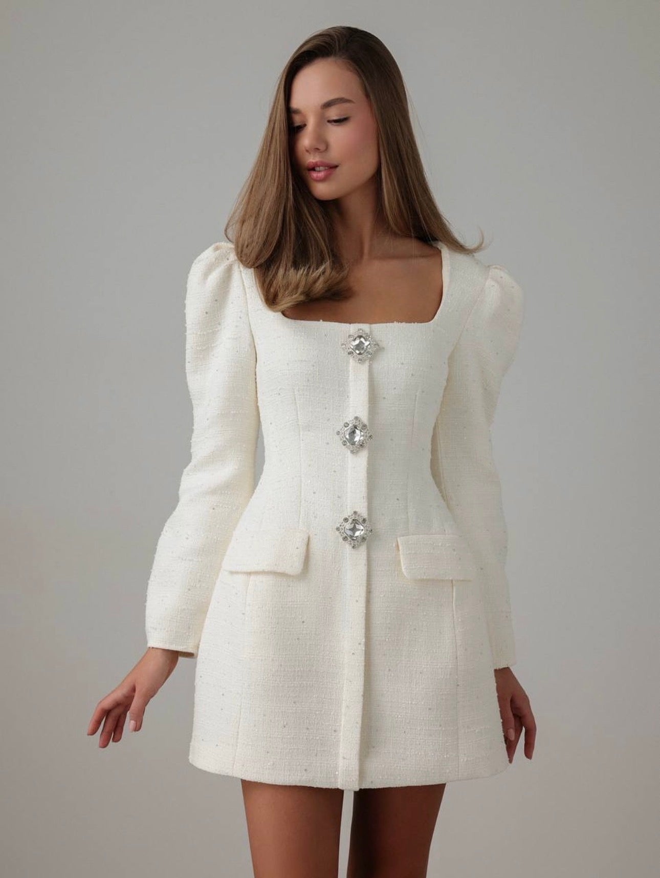 Crystal Button Tweed Dress