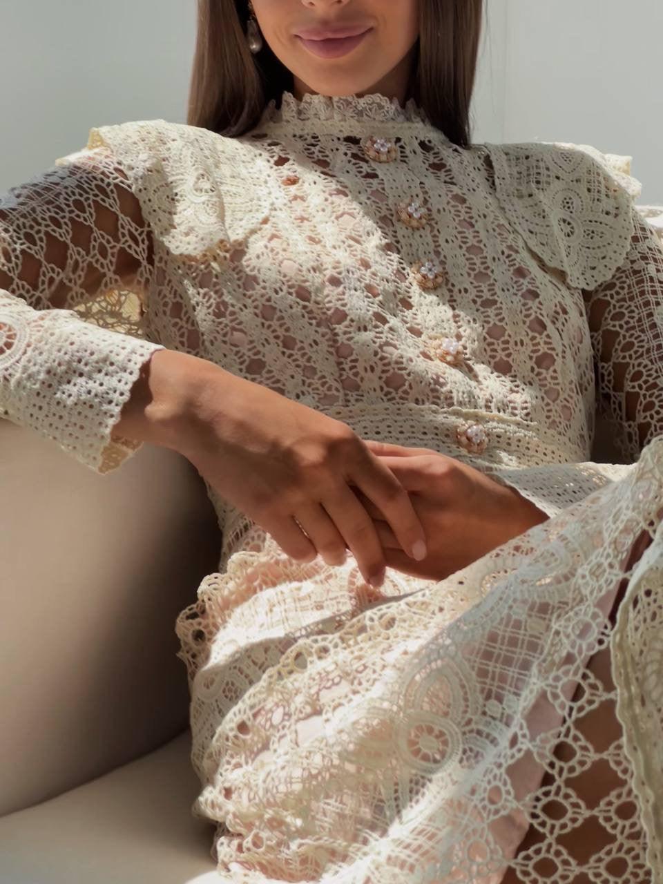 Lace Detail Cream Midi Dress.