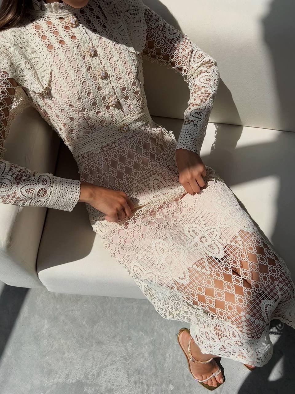 Lace Detail Cream Midi Dress.