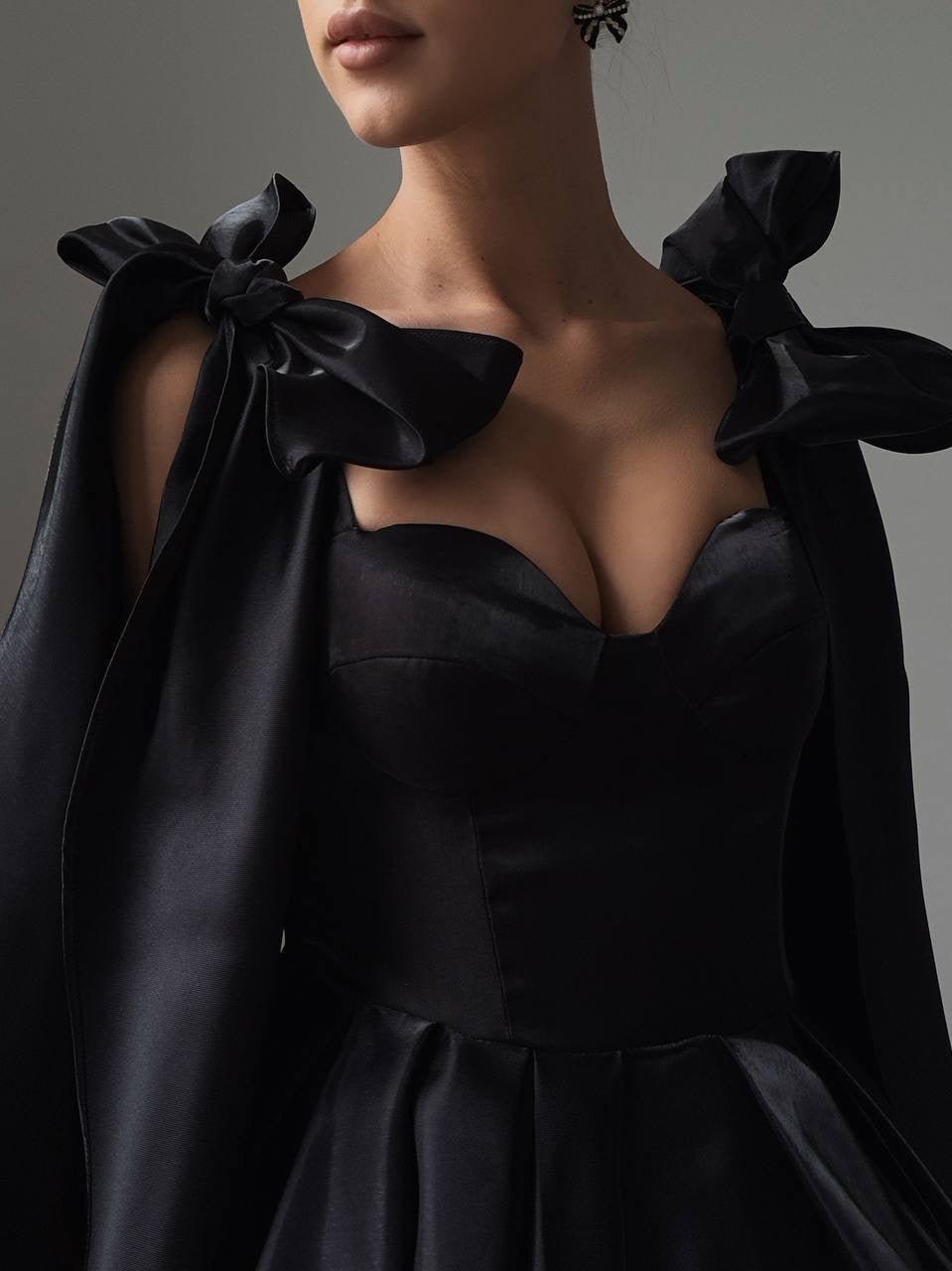 Bow Detail Black Satin Mini Dress.