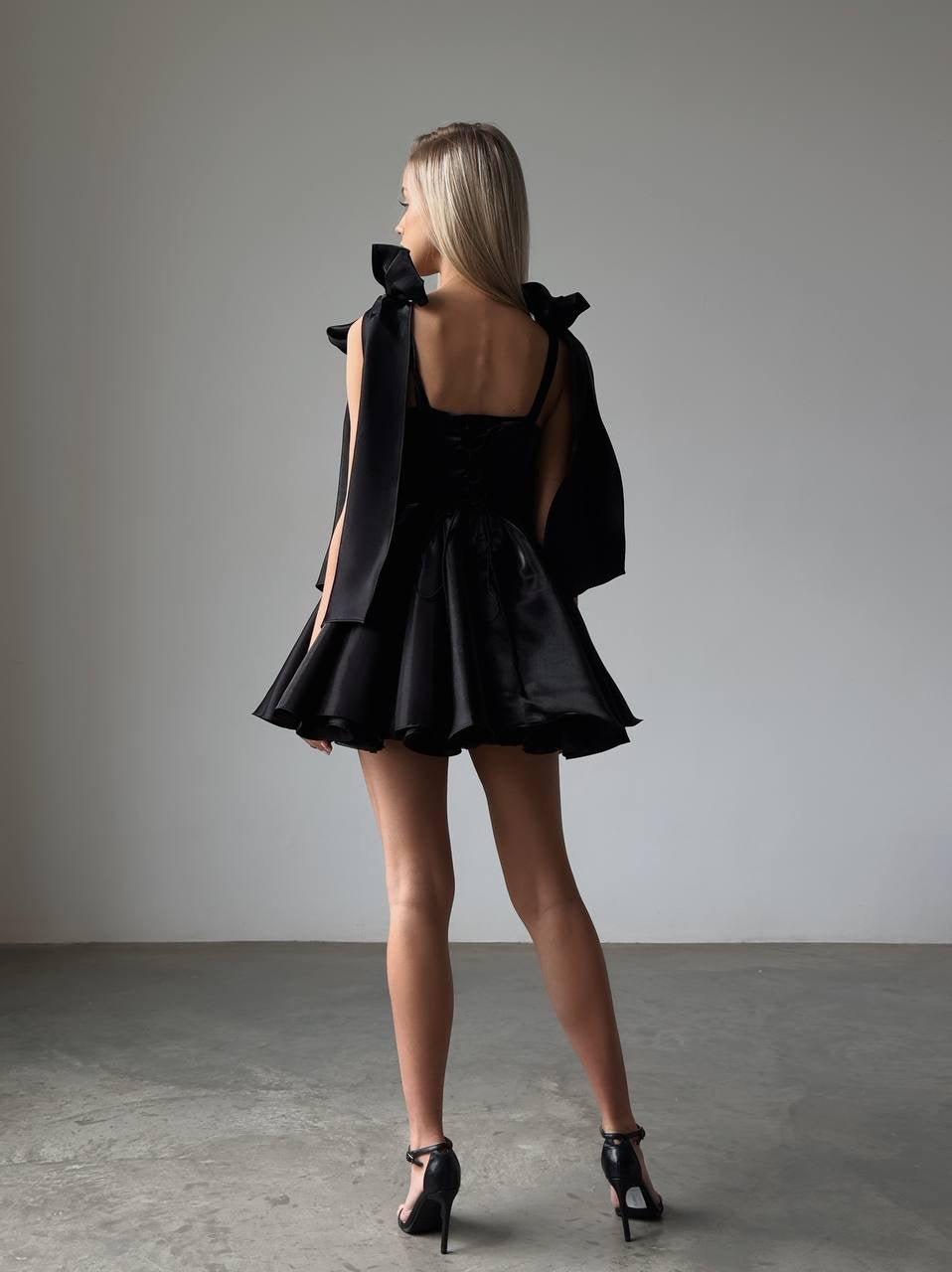 Bow Detail Black Satin Mini Dress.