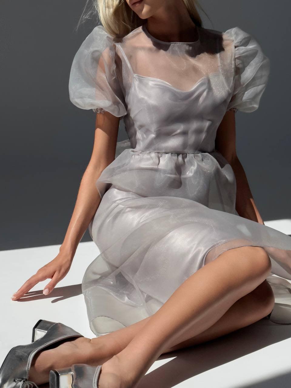 Elegant Grey Tulle Detail Midi Dress.