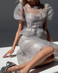 Elegant Grey Tulle Detail Midi Dress.