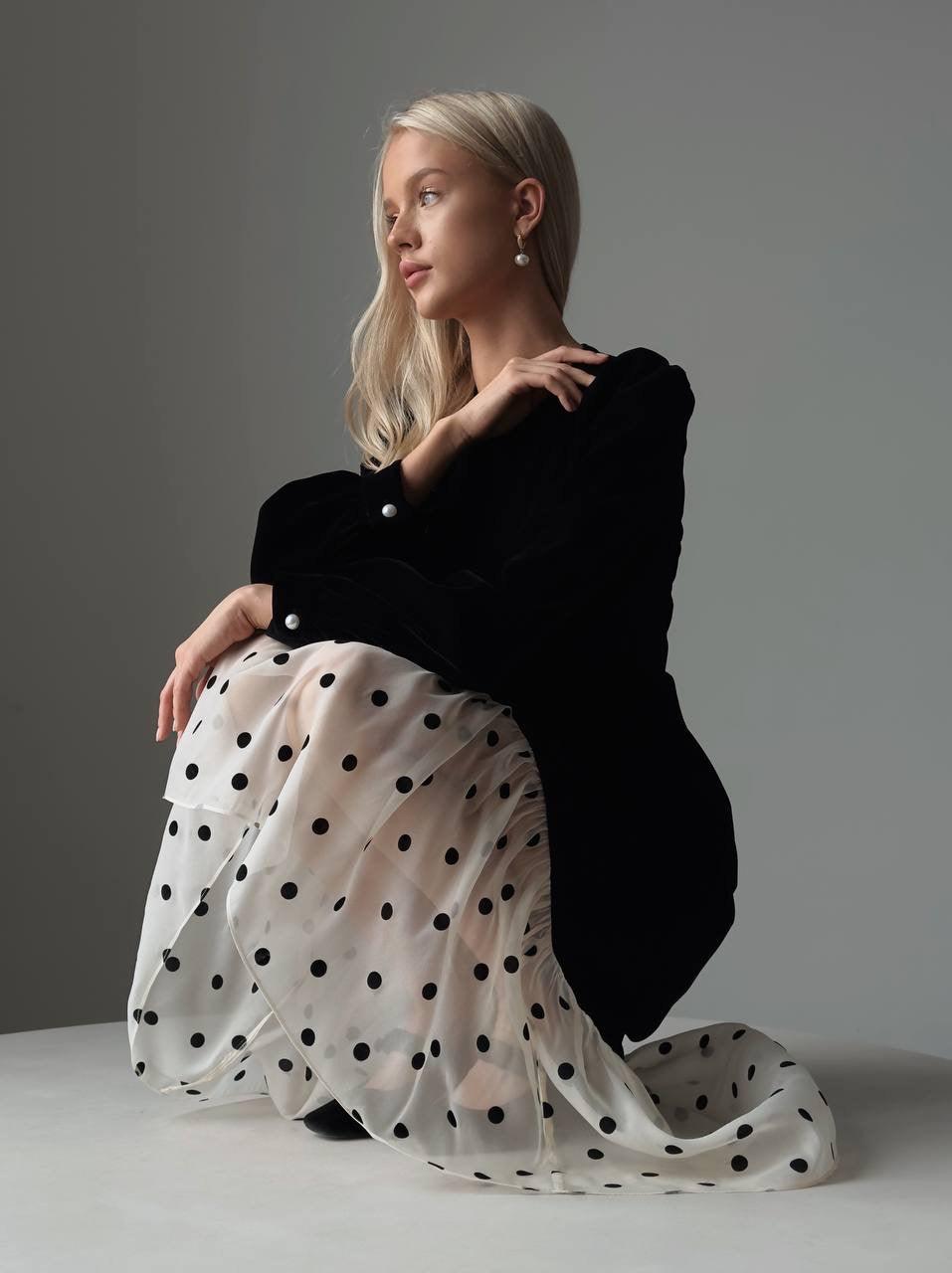 Polka Dot Chiffon Detail Black Midi Dress.