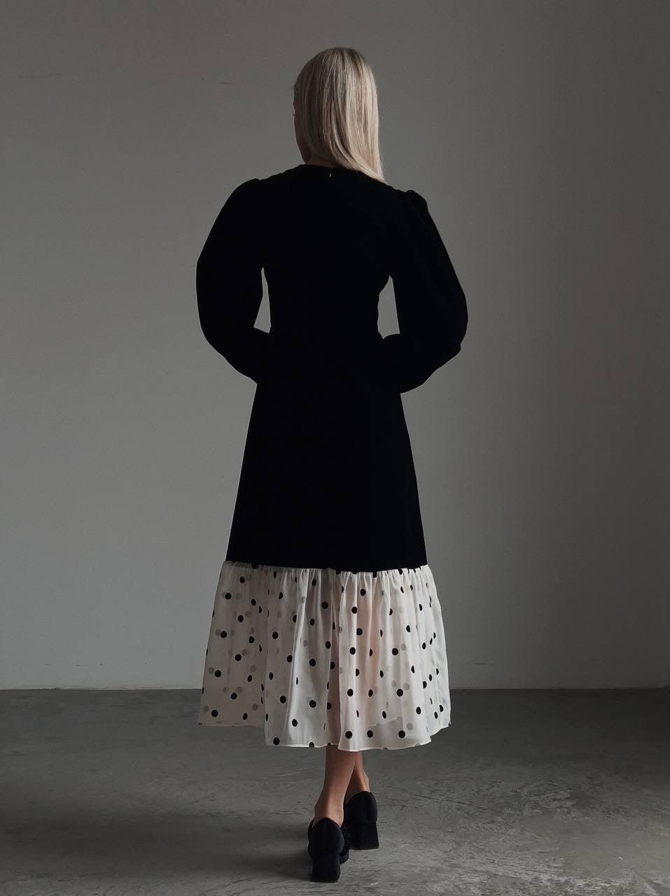 Polka Dot Chiffon Detail Black Midi Dress.