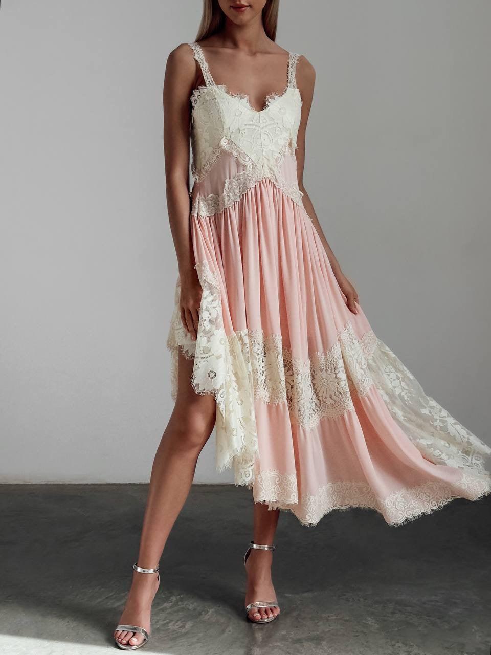 Lace Detail Pink Asymmetric Dress.