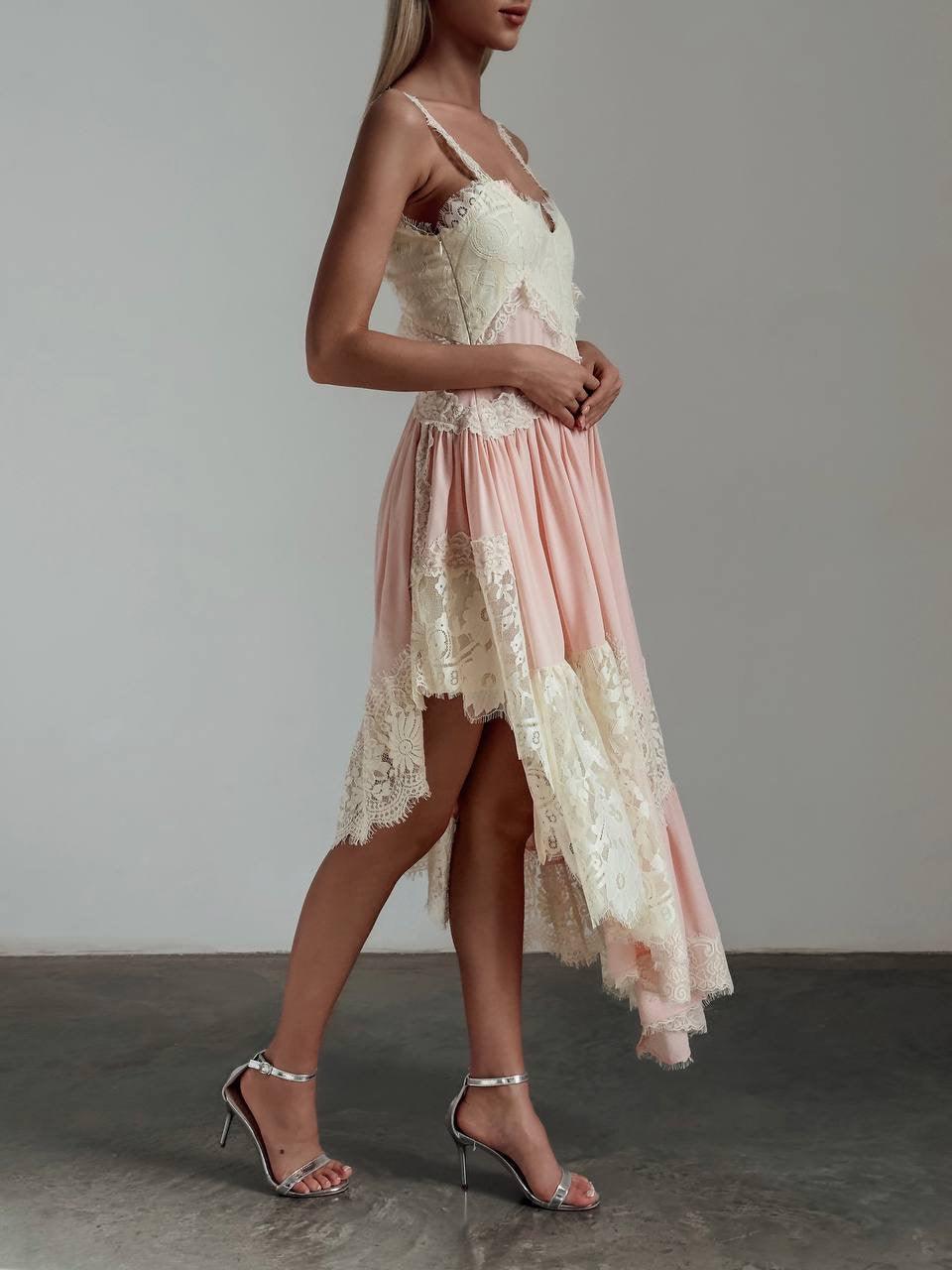 Lace Detail Pink Asymmetric Dress.