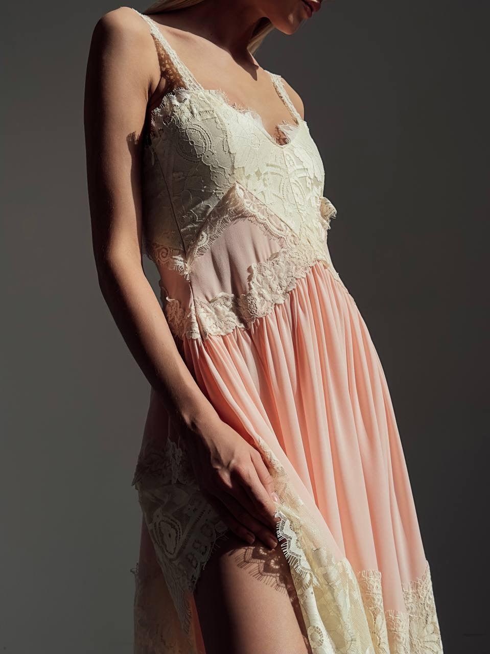 Lace Detail Pink Asymmetric Dress.