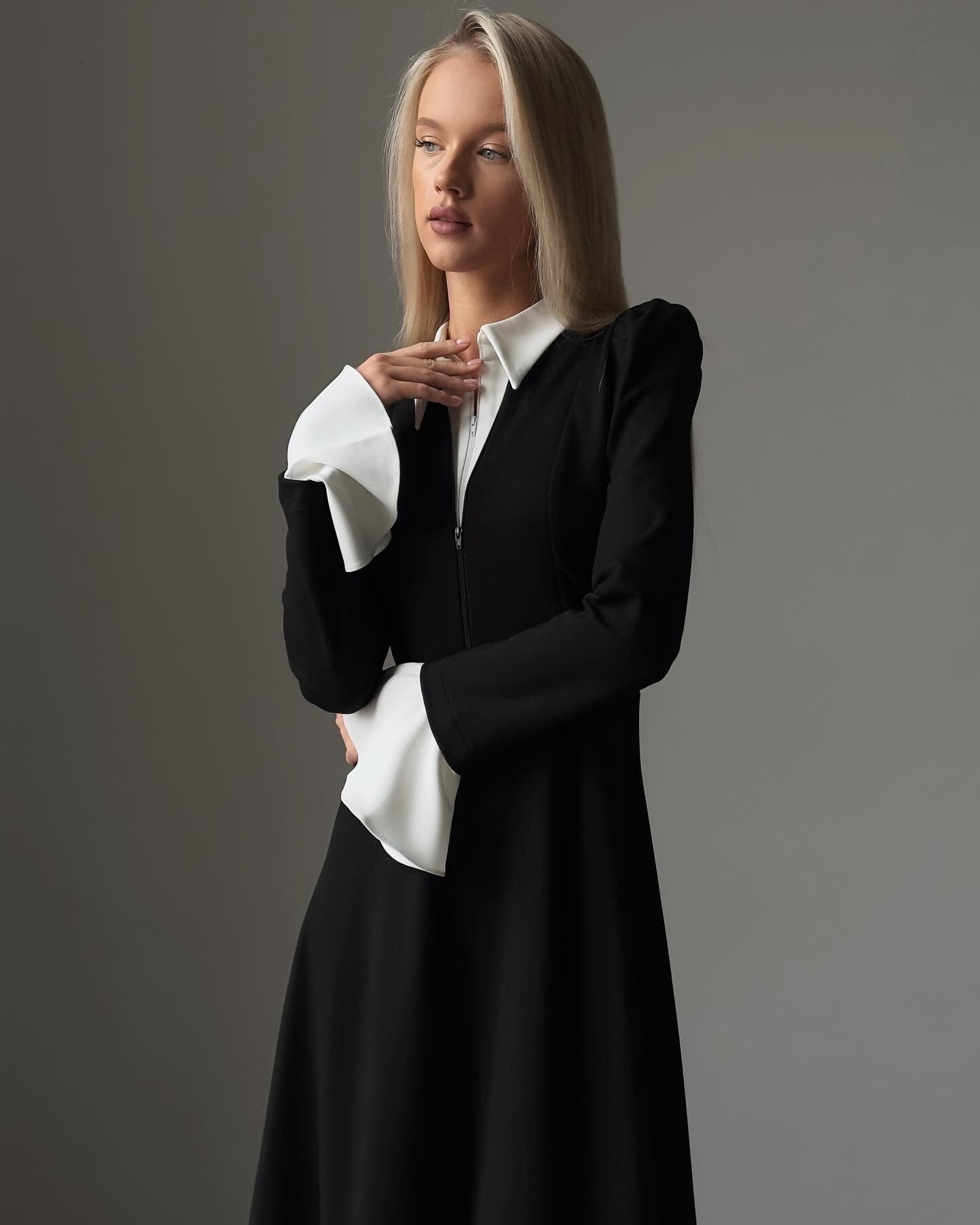 Shirt Collar Black and White Midi Dress.