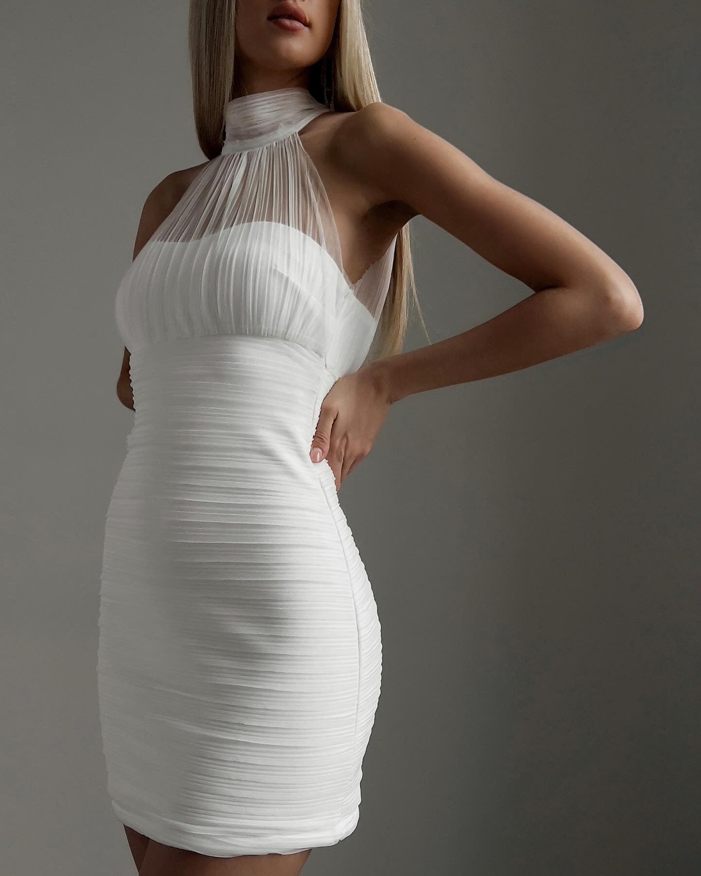 Halter Neck White Bodycon Mini Dress.