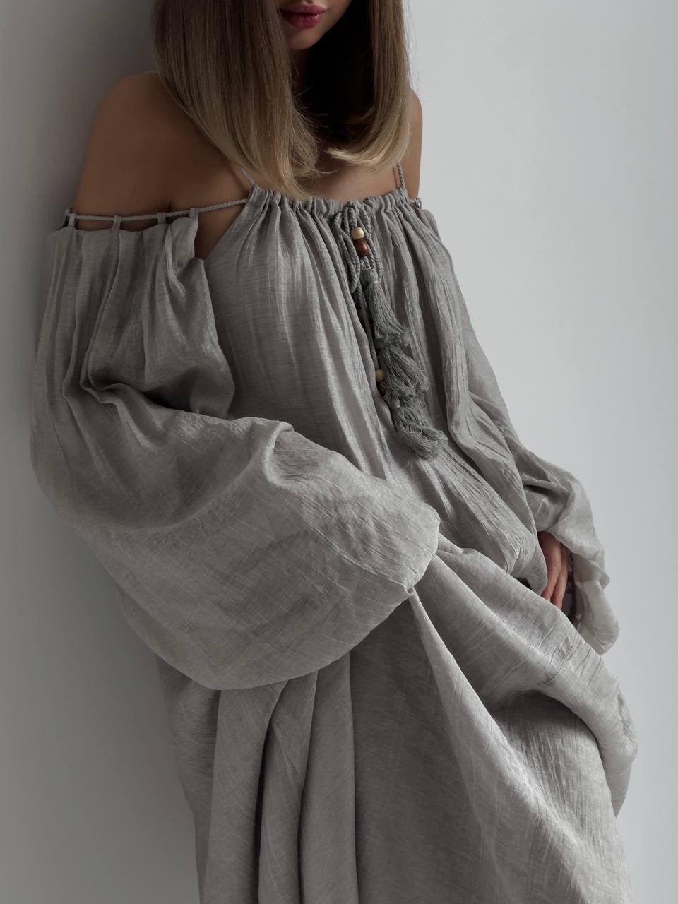 Bohemian Style Grey Linen Maxi Dress.