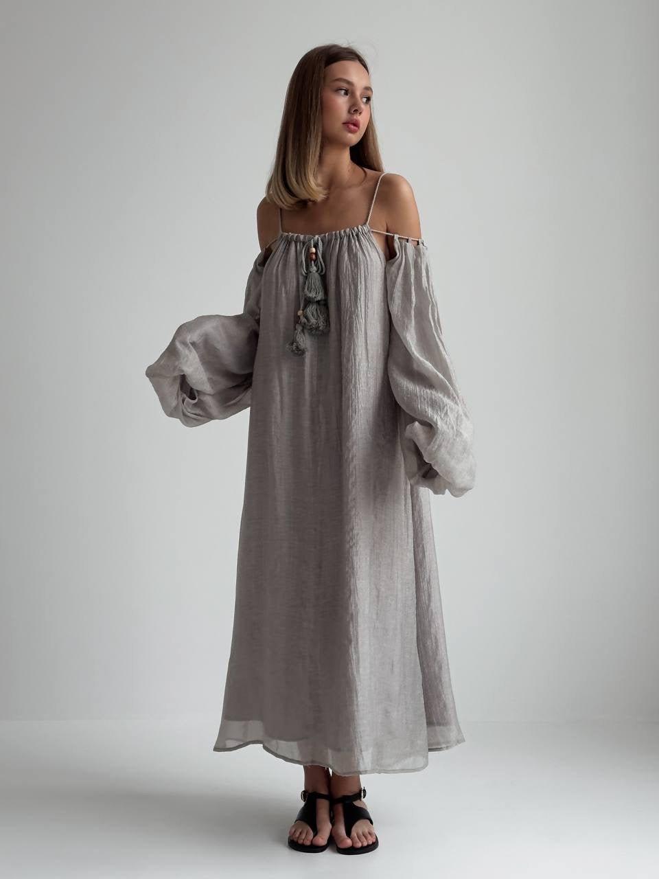 Bohemian Style Grey Linen Maxi Dress.