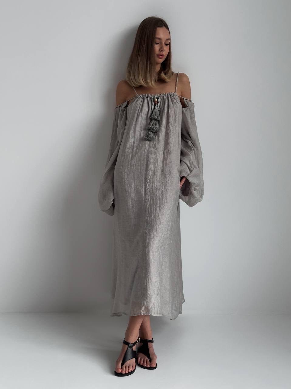 Bohemian Style Grey Linen Maxi Dress.