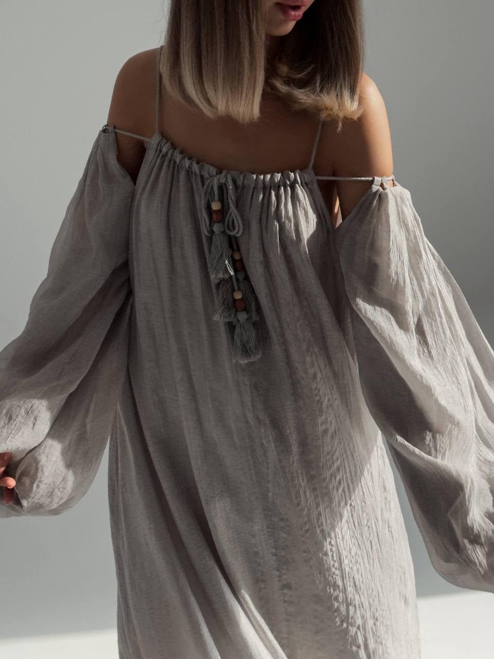 Bohemian Style Grey Linen Maxi Dress.