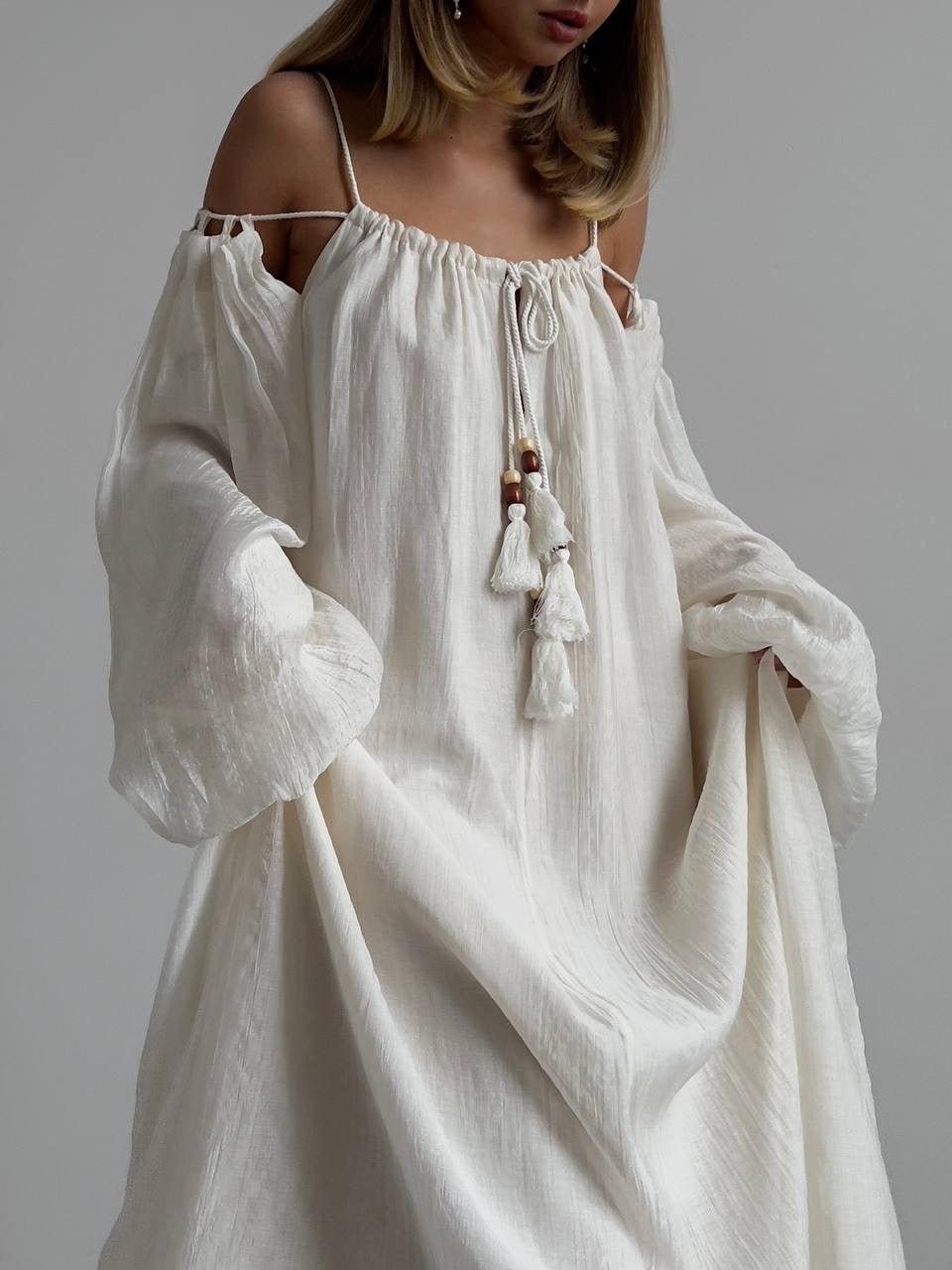 Bohemian Style White Cotton Maxi Dress.