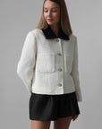 White Cropped Jacket with Black Collar Detail