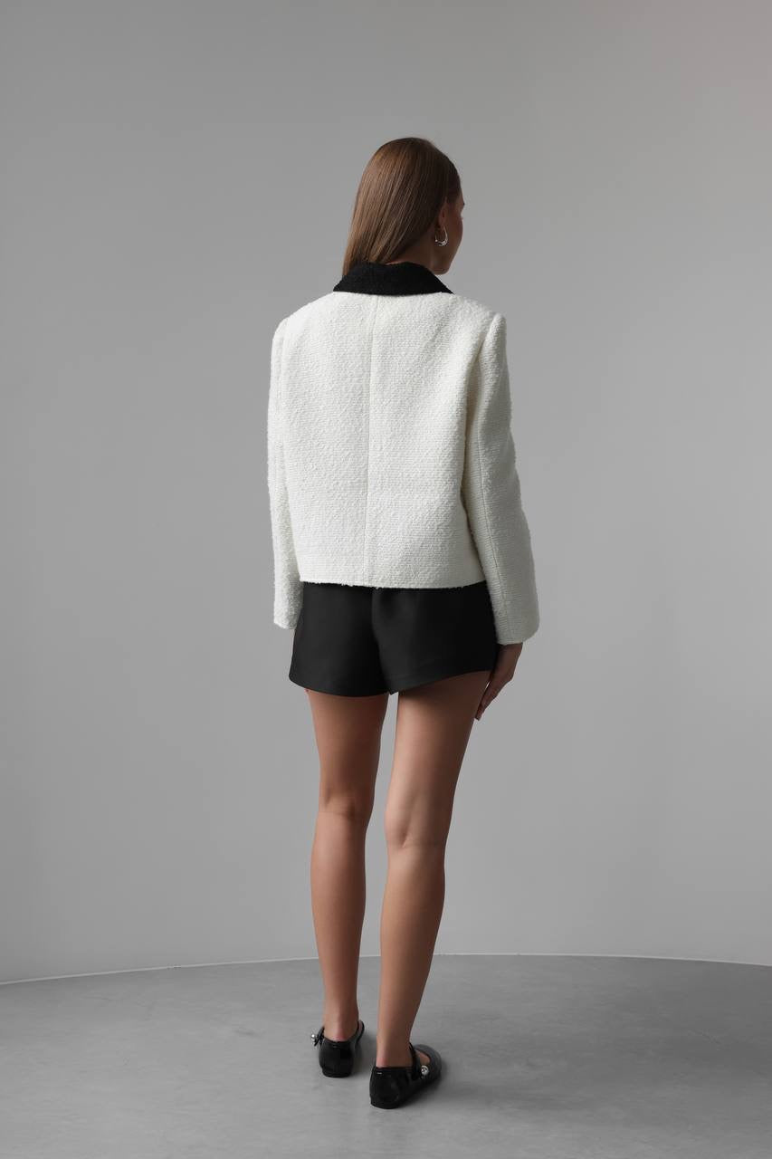 White Cropped Jacket with Black Collar Detail