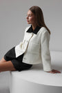 White Cropped Jacket with Black Collar Detail