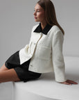 White Cropped Jacket with Black Collar Detail