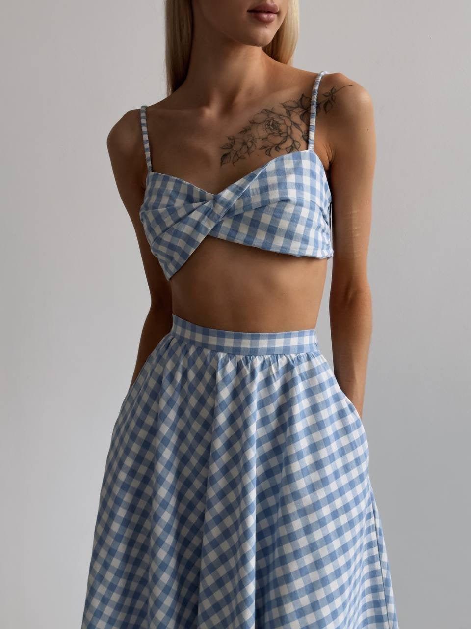 Blue Gingham Crop Top and Midi Skirt Set - GodBlessDress