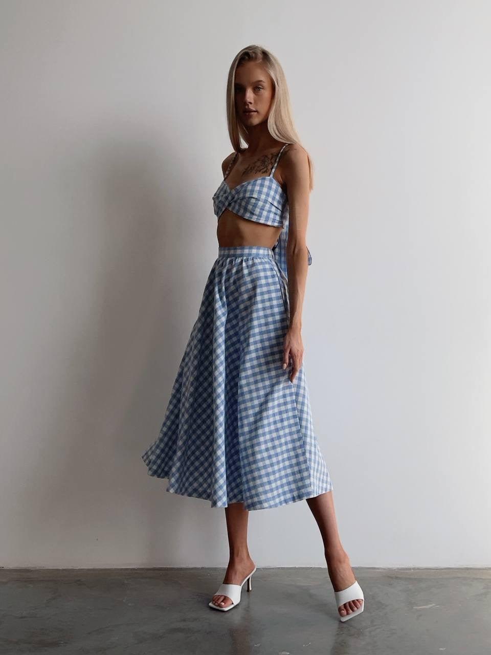 Blue Gingham Crop Top and Midi Skirt Set - GodBlessDress