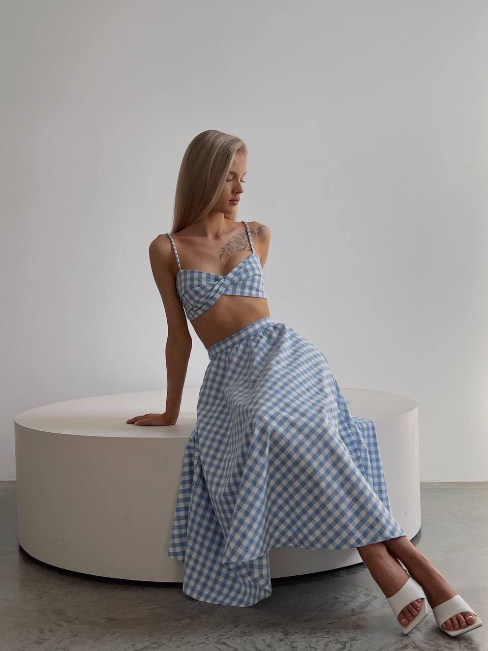 Blue Gingham Crop Top and Midi Skirt Set - GodBlessDress