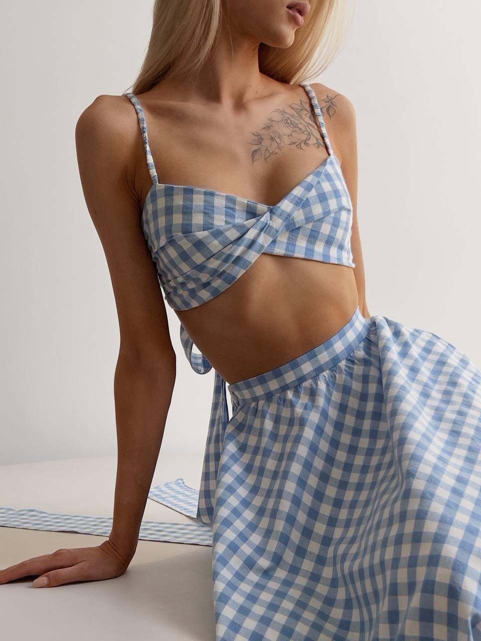 Blue Gingham Crop Top and Midi Skirt Set – GodBlessDress