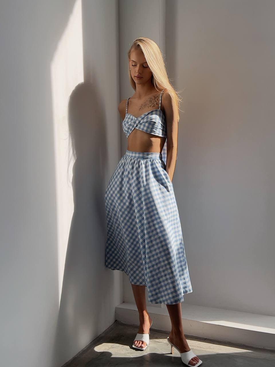 Blue Gingham Crop Top and Midi Skirt Set - GodBlessDress