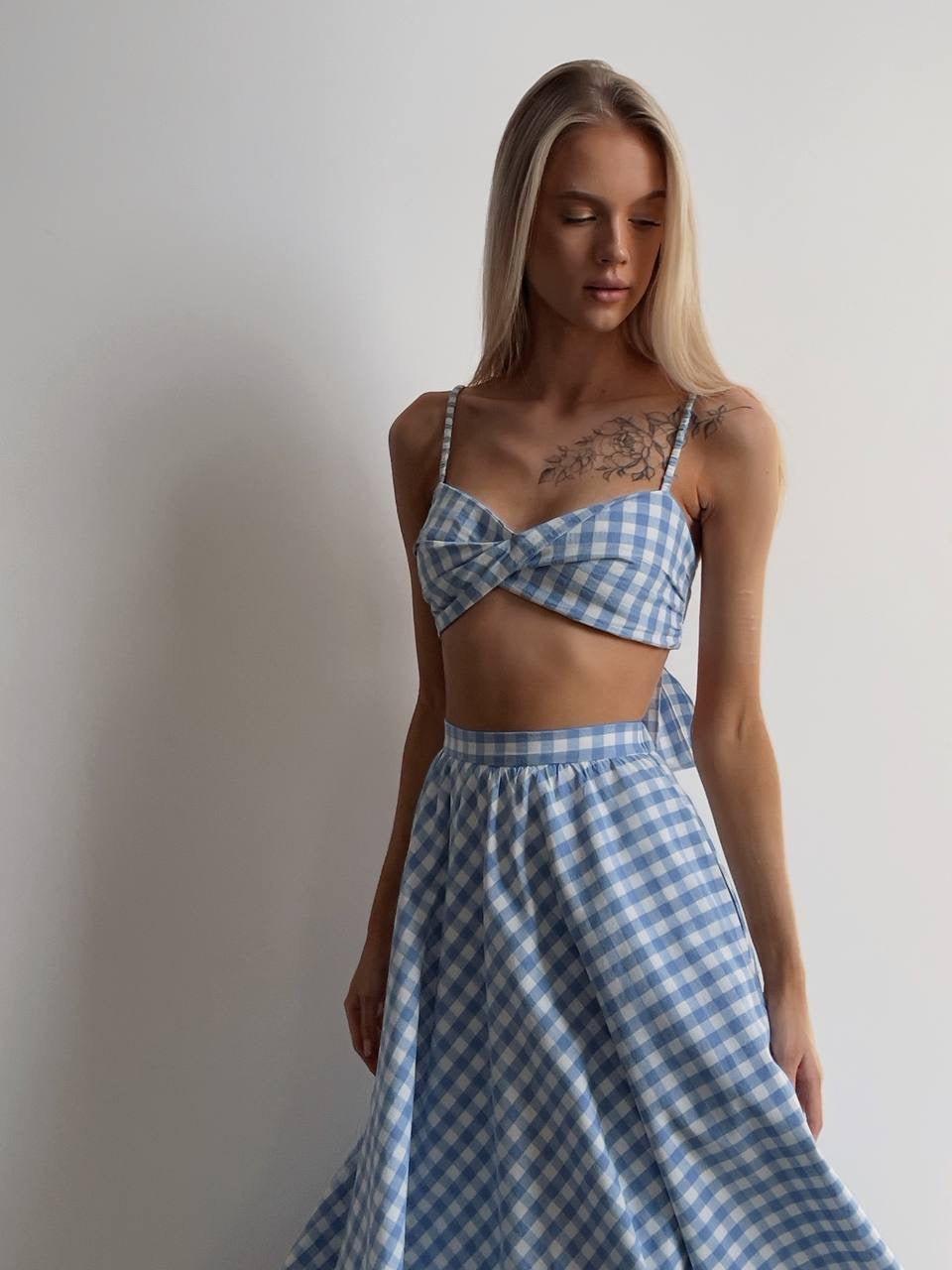 Blue Gingham Crop Top and Midi Skirt Set - GodBlessDress