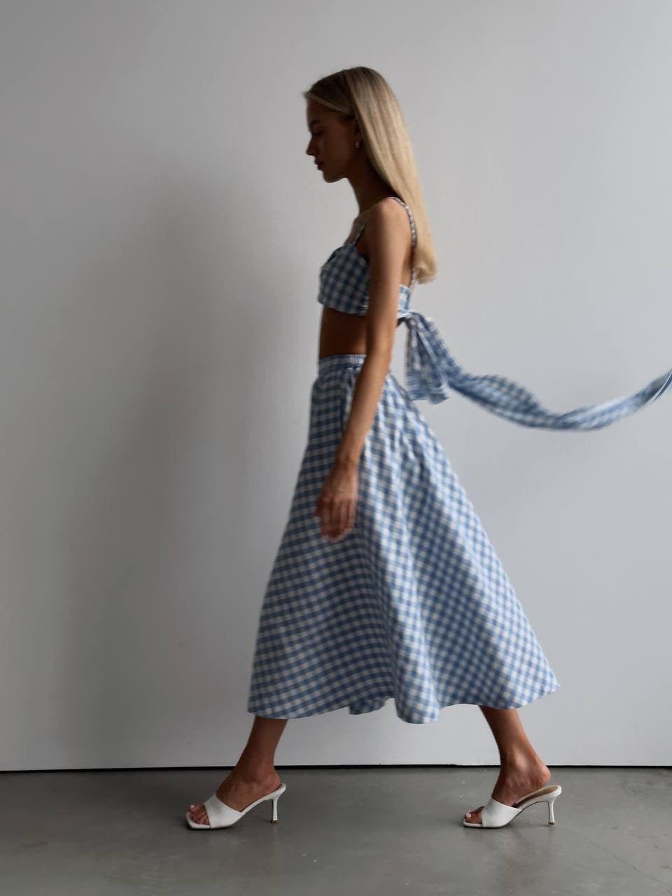 Blue Gingham Crop Top and Midi Skirt Set - GodBlessDress