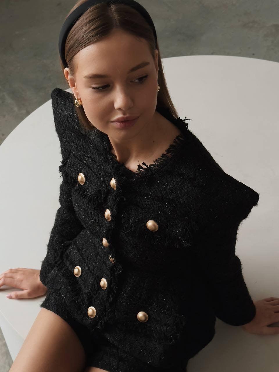 Elegant Black Tweed Jacket and Shorts Suit – GodBlessDress