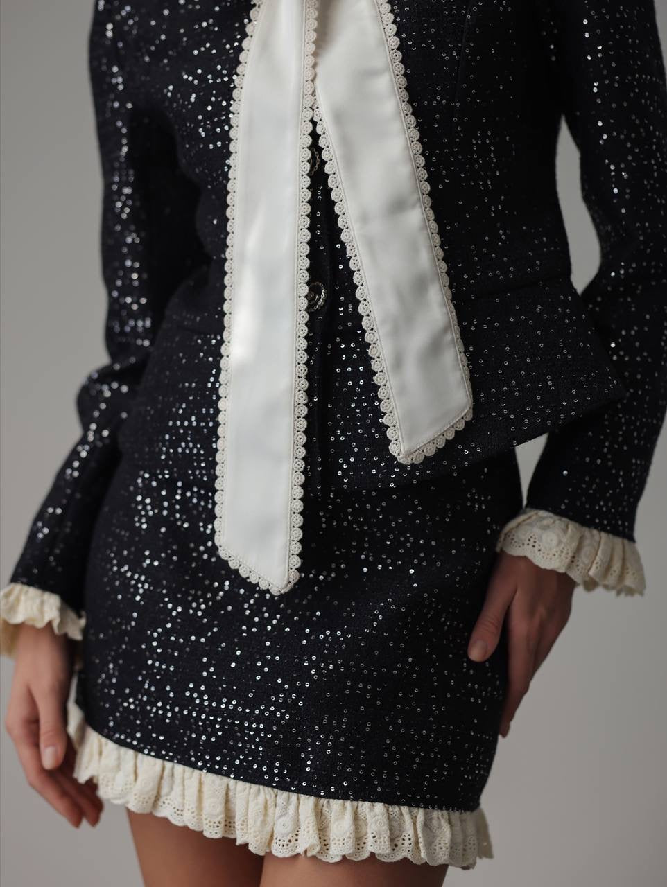 Black Sequin Set with Cream Lace Details