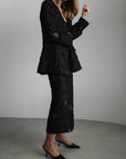 Textured Black Blazer and Midi Skirt Set